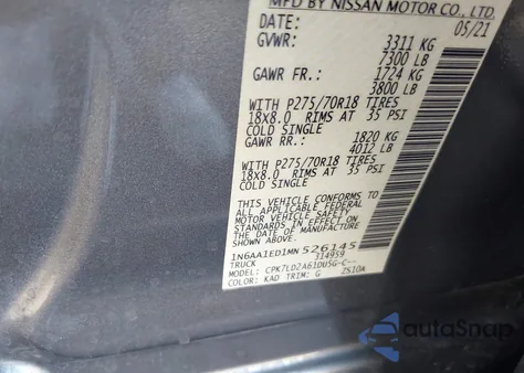 2021 Nissan Titan Pro-4X 4X4 из США, поврежденный, VIN 1N6AA1ED1MN526145